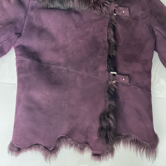 French genuine fur shearling jacket coat maroon deep purple Sz 2 small - Picture 2 of 12